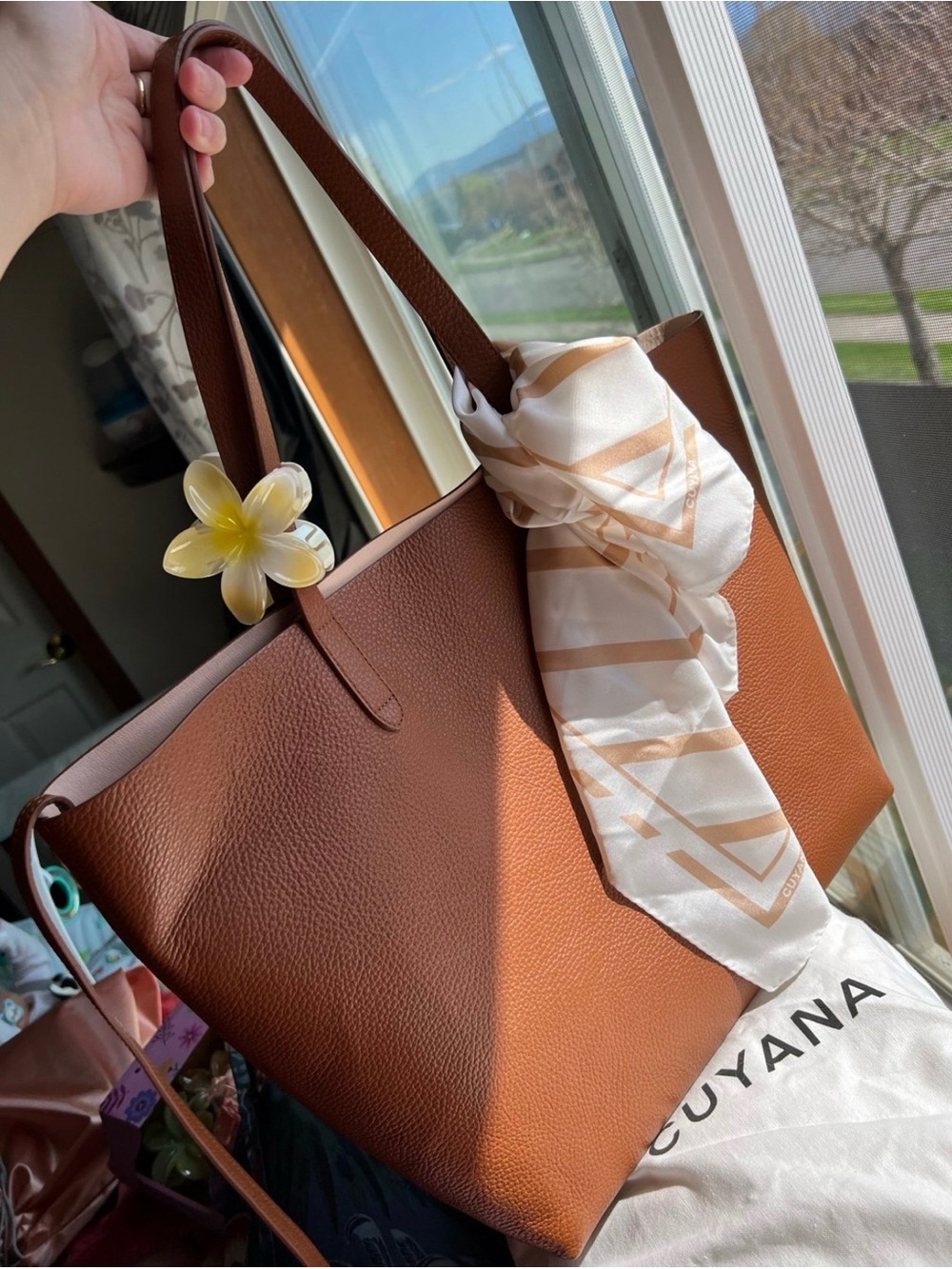 Cuyana Tan/Brown Pebbled Leather Tote with Scarf Accent